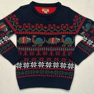 Maximus Rex sweater dinosaur knit red blue green Fair Isle kids 5 holiday T-Rex